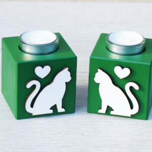 Kočičí svícen se srdíčkem- zelený DUO